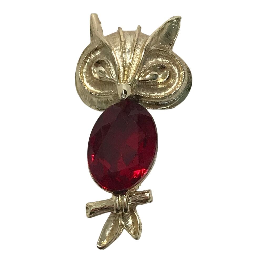 Vintage Brooch Pin Owl Gold Toned Red Stone Body Bird Nature Excellent Condition